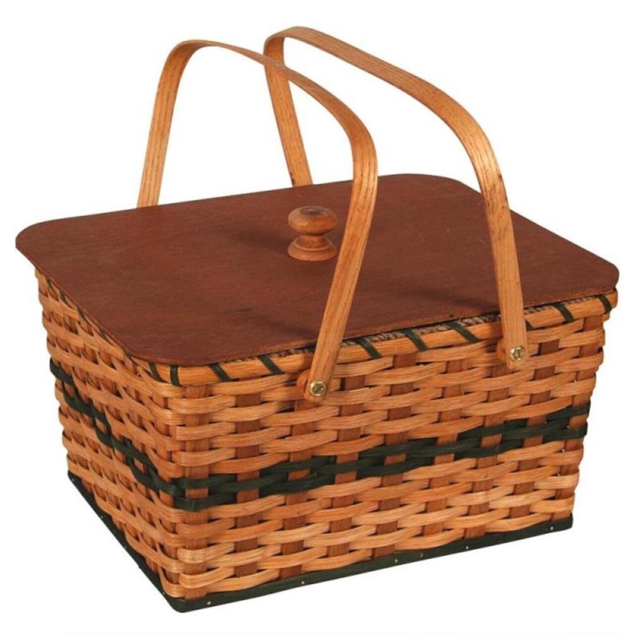 Amish-Made Hand-Woven Picnic Basket Natural Light Stain with Blue Stripe